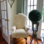 Creme Leaf Side Chair And Pair Charming Pedestals And Boxwoods