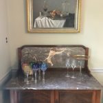 Framed Art, Stemware & Marble Top Console