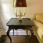 Pair Of Pavillion Side Tables With Ebonized Chinoiserie Detal & Pair Of Bronze Finish Candelabra Table Lamps With Adjustable Hieght