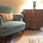 Teal Velvet Side Chair And Chest With Decorative Detail
