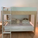 Oeuf Birch Bunk Bed With Great Linens And Coordinating Shelf And Storage Pieces