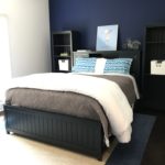 Queen Size Navy Pottery Barn Bed With Side Drawer And Shelf Storage. Pair Of Coordinating Bookcases