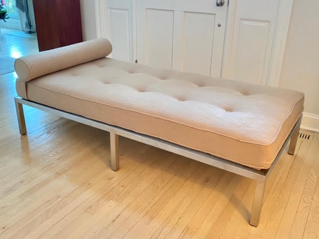 Modern Daybed with Brushed Silver Base Neutral upholstered daybed w/ removable roll pillow . 72” long x 34”w $750.
