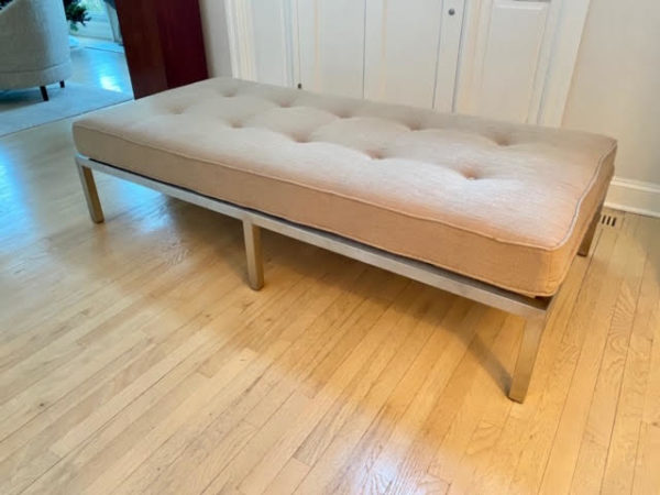 Modern Daybed with Brushed Silver Base Neutral upholstered daybed w/ removable roll pillow . 72” long x 34”w $750.